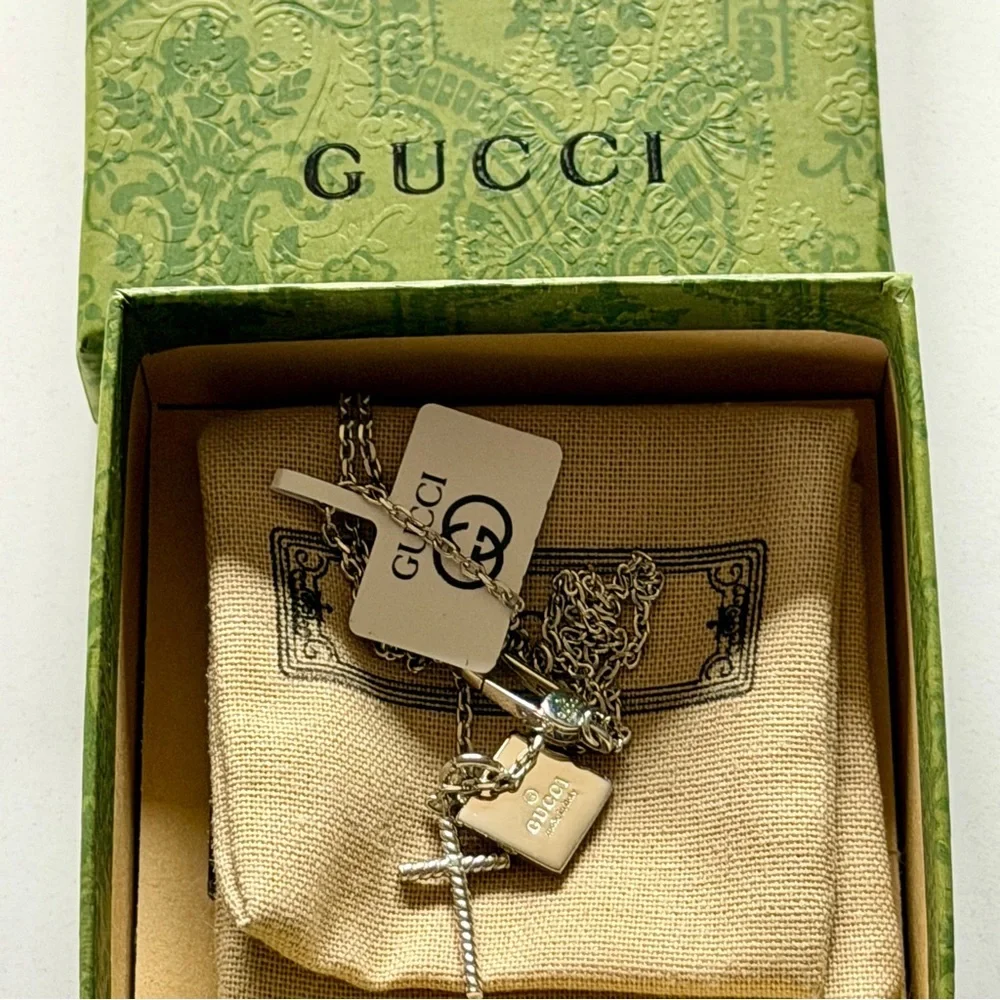 Gucci Sterling Silver Cross & Logo Tag Pendant Necklace - Box Included - Picture 2 of 9
